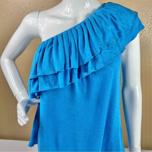 Lauren Ralph Lauren Blaze Ocean Linen Blend Ruffle One Shoulder Top Women’s Sz L - Picture 2 of 11